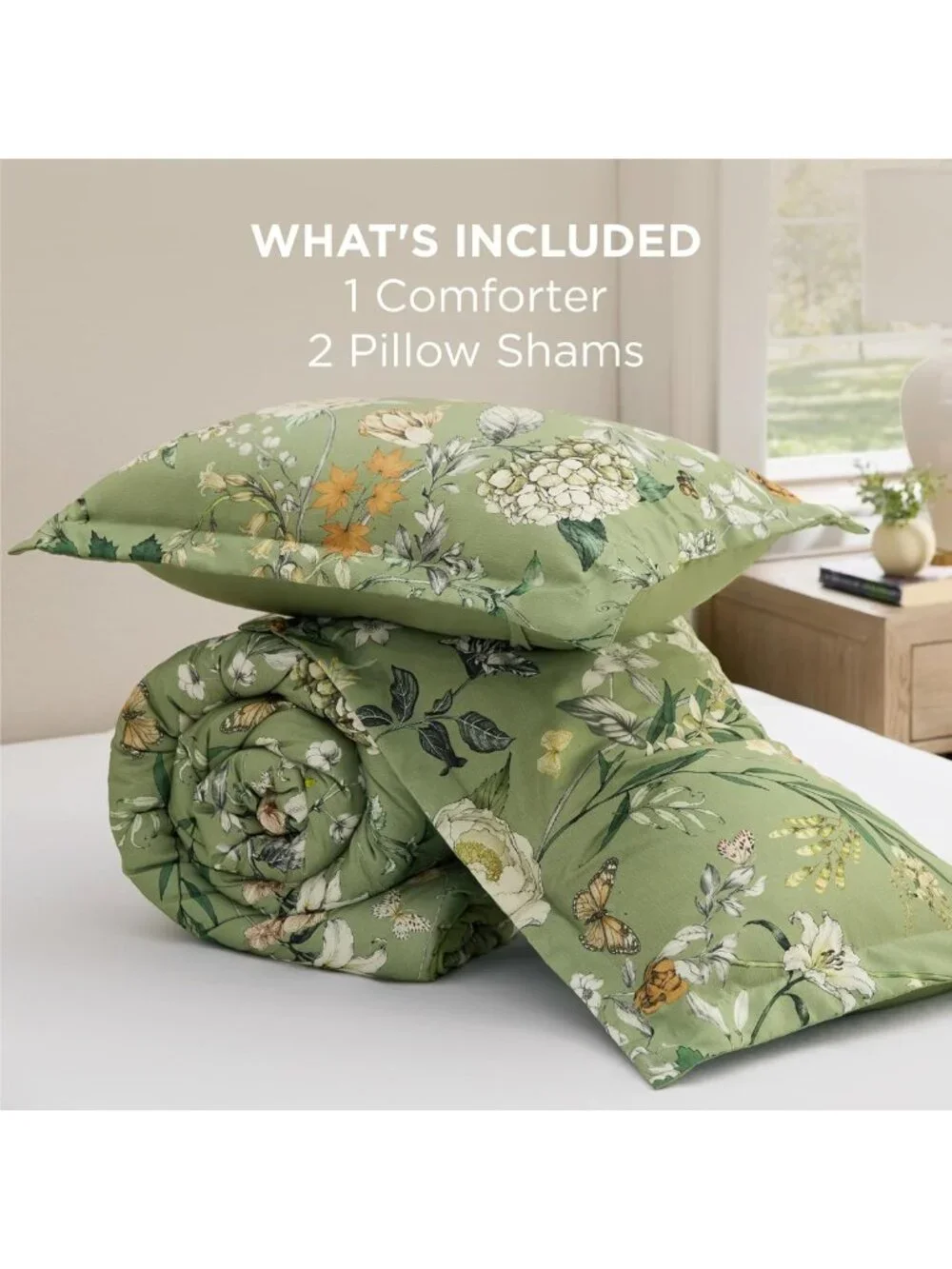 Cozy Floral Queen Comforter Set - Reversible Olive Green, 3-Piece Bedding Set